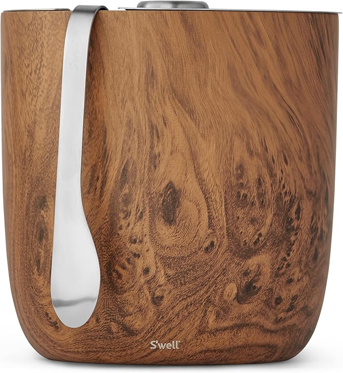 S’well Stainless Steel Ice Bucket with Tongs, 68oz Capacity, Teakwood Finish, Triple-Layer Vacuum Insulated to Keep Ice Colder Longer, BPA-Free Barware-Ruum Studio Home