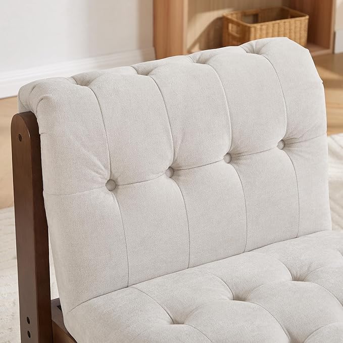 Modern Armless Accent Chair for Living Room, Soft Beige Linen Button Tufted Upholstered Lounge Reading Chair with Walnut Wood Frame-Ruum Studio Home