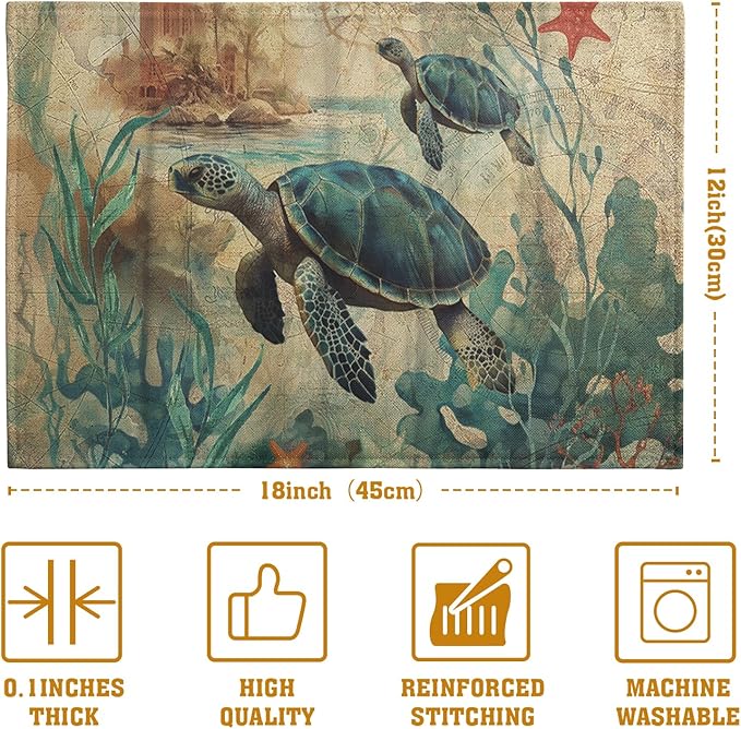 Sea Turtle Placemats Set of 4 Summer Beach Seasonal Linen Table Mats 12x18 Inch Vintage Ocean Animal Heat Resistant Washable Non-Slip Place Mats for Party Kitchen Dining Decoration-Ruum Studio Home