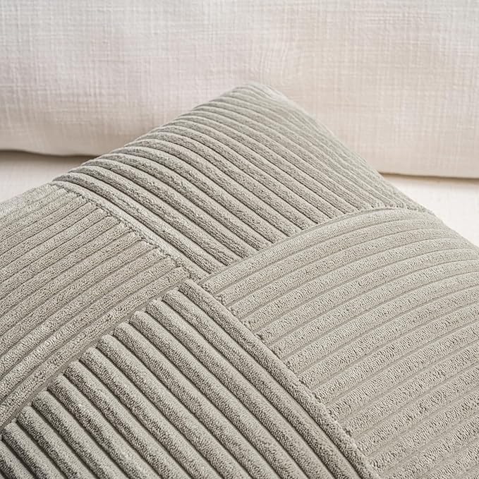 Fancy Homi Set of 2 Neutral Grey Boho Long Lumbar Body Decorative Throw Pillow Cover 14x36 Inch for Bed Couch Bedroom Bench, Soft Patchwork Corduroy Textured Pillow Case, Rustic Farmhouse Room Décor-Ruum Studio Home