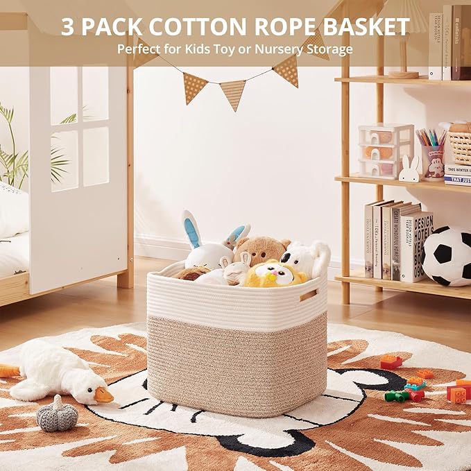 OIAHOMY 13 Kallax Inch Cube Storage Bins, 3-Pack Cotton Rope Woven Baskets for Organizing, Kallax Insert Storage Baskets for Shelves, Baby Nursery, Closet Organizer, 15*13*12.6IN, Brown & White-Ruum Studio Home