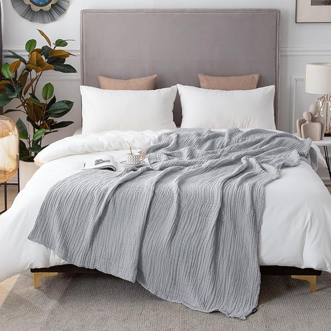 EMME Cotton Muslin Blanket King Size - Soft, Breathable Layering Blanket, 108"x90", Lightweight Gauze, All Season, Light Grey-Ruum Studio Home