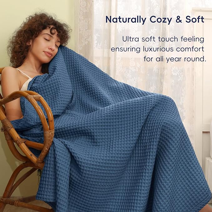 PHF Ultra Soft Waffle Weave Blanket King Size 104"x 90"- Washed Lightweight Breathablee Cozy Woven Blanket - Great for Couch Bed Sofa Home Car - Navy Blue-Ruum Studio Home