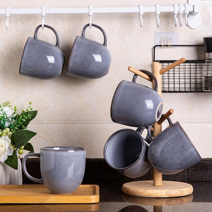AmorArc 12oz Coffee Mugs, Ceramic Coffee Mugs set of 6 for Man, Woman, Dad, Mom, Modern Coffee Mugs with handle for Latte/Cappuccino/Milk/Cocoa. Dishwasher&Microwave Safe, Gray-Reactive Glaze-Ruum Studio Home