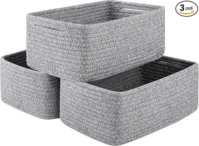 3 Pack Small Storage Baskets for Organizing, Cute Woven Decorative Gift Baskets for Shelves, Mini Closet Organizer Bins with Handles, 11.81''Lx7.87''Wx4.72''H-Grey-Ruum Studio Home