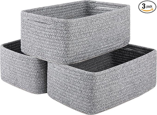 3 Pack Small Storage Baskets for Organizing, Cute Woven Decorative Gift Baskets for Shelves, Mini Closet Organizer Bins with Handles, 11.81''Lx7.87''Wx4.72''H-Grey-Ruum Studio Home