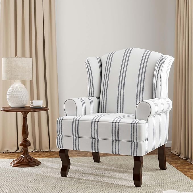 Accent Chair, High Back Upholstered Armchair with High Resilience Sponge & Wood Legs, Mid-Century Modern Comfy Single Sofa Reading Chairs for Living Room, Bedroom (Stripe Navy, Set of 1)-Ruum Studio Home