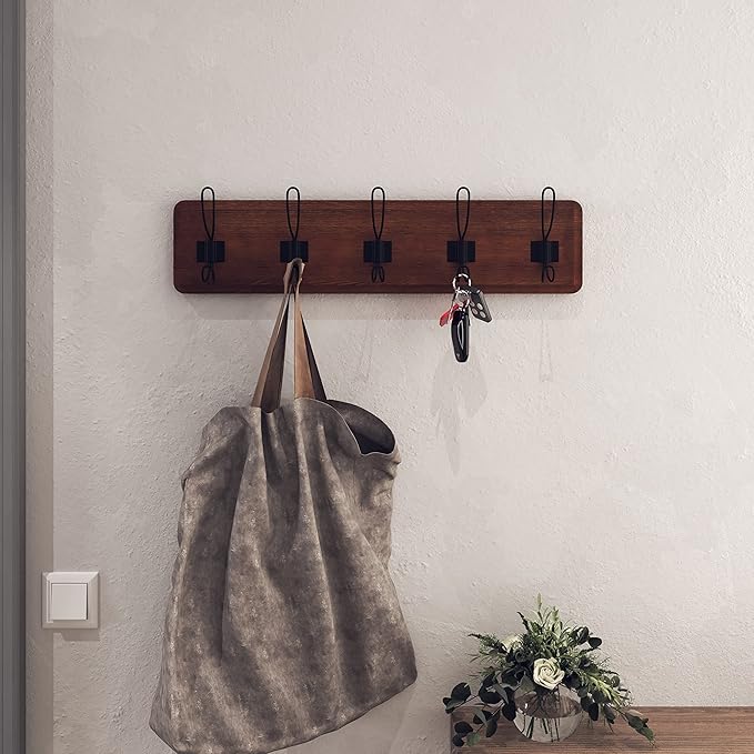 HBCY Creations Dark Wash Brown Rustic Coat Rack Wall Mount with 5 Hooks, Solid Pine Wood 24 inch Wall Hooks for Entryway, Mudroom, Hallway, Bathroom - Vintage Farmhouse Style Wall Mounted Towel Rack-Ruum Studio Home
