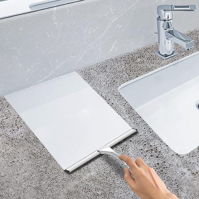 All-Purpose Stainless Steel Shower Squeegee for Shower Glass Door with 2 Adhesive Hooks, Bathroom Cleaner Tool Household Window Mirror Squeegee for Glass Doors, Cleaning Tile Wall, Car, 14 Inch Silver-Ruum Studio Home