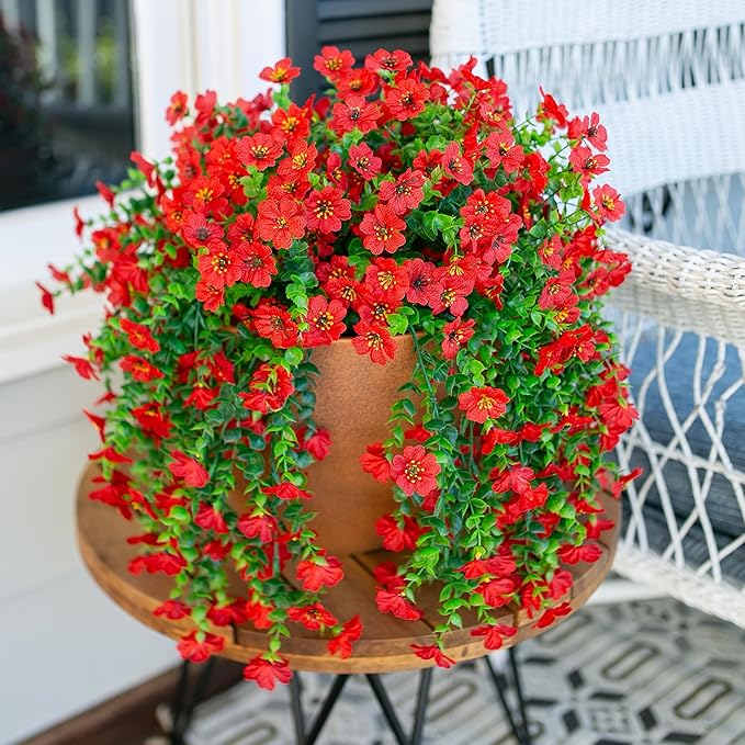 INSPRING Artificial Faux Outdoor Outside Flowers Plants, 2 PCS Fake Silk UV Resistant Look Real Red Daisy Trailing Vines for Front Door Porch Planter Urn Patio Balcony Decoration-Ruum Studio Home