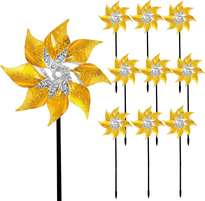 Hausse 10 Pack Reflective Pinwheels with Stakes, Extra Sparkly Pin Wheel for Garden Decor, Bird Repellent Devices Deterrent to Scare Birds Away from Yard Patio Farm, Golden-Ruum Studio Home