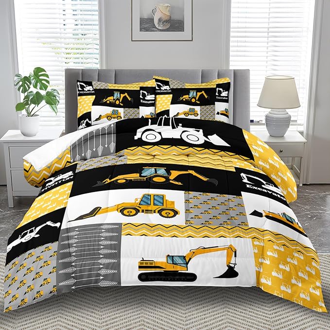 Construction Comforter Set King Boys,Yellow King Construction Bedding Set,Engineering Vehicles Comforter Yellow Bedroom Decor Kids,Truck Quilt Cartoon Truck Bedding for Teen-Ruum Studio Home