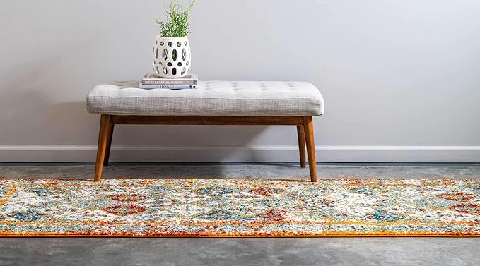 Unique Loom Rosso Collection Vintage, Traditional, Bohemian, Geometric, Distressed, Southwestern Area Rug (2' 7 x 10' 0 Runner, Beige/Orange)-Ruum Studio Home