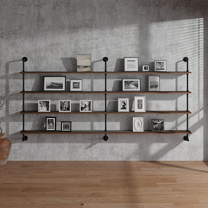 Industrial Pipe Wall Shelves Pipe Shelving with Real Wood Plank,60 Inches Floating Shelves for Wall Farmhouse Pipe Book Shelves Dark Brown 4 Tier for Kitchen,Living Room Decor and Bar Shelving-Ruum Studio Home