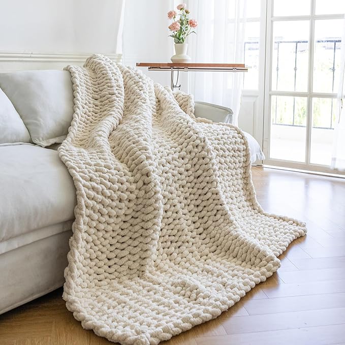 Chunky Knit Blanket - Luxury Soft Cozy 40 * 50 Throw Blanket,100% Woven Blanket Rope Knot Throw Blanket for Couch, Sofa, Home Decor, Gift - Machine Washable(Cream)-Ruum Studio Home