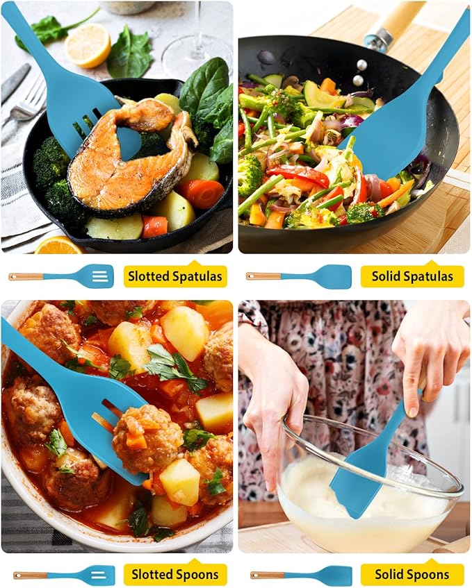 Pack of 4 Silicone Kitchen Utensils Set, Non Stick Solid Spatulas and Heat Resistant Slotted Spoons with Wooden Handle, Ideal BPA Free Cooking Utensils for Mixing,Serving,Turning,Stirring(BLUE)-Ruum Studio Home