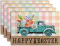Happy Easter Placemats Set of 4 Pink Yellow Blue Buffalo Plaid Truck Eggs Daisy Easter Table Mats Spring Seasonal Linen Place Mat Washable Place Mats for Party Kitchen Dining Outdoor Indoor Decor-Ruum Studio Home