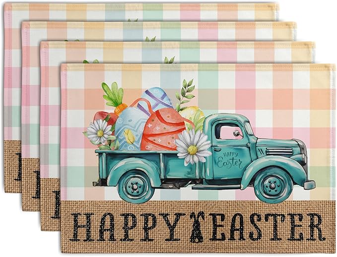 Happy Easter Placemats Set of 4 Pink Yellow Blue Buffalo Plaid Truck Eggs Daisy Easter Table Mats Spring Seasonal Linen Place Mat Washable Place Mats for Party Kitchen Dining Outdoor Indoor Decor-Ruum Studio Home