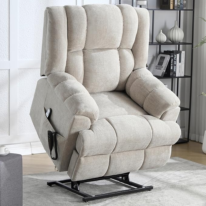 Power Lift Recliner Chair with Massage and Heat for Elderly People, Dual Motor Electric Lift Chair with Power-Remote, Medium-Firm and Heavy Duty, Chenille Fabric - Beige-Ruum Studio Home