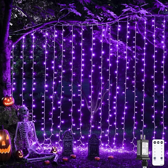 JMEXSUSS 300LED Purple Halloween Lights with Remote, Curtain Hanging Light Plug in, 8 Modes Purple String Lights for Bedroom Window Wall Party Backdrop Christmas Halloween Decorations-Ruum Studio Home