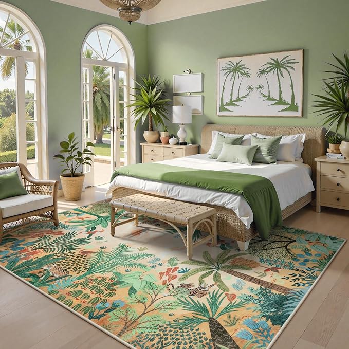 LIVEBOX Boho Jungle Animal Print 5 x 7 Area Rugs for Living Room, Soft Yellow Rug for Bedroom, Non-Slip Machine Washable Rugs for Dining Room Office, Kids Rugs for Playroom Sun Rug for Nursery Room-Ruum Studio Home