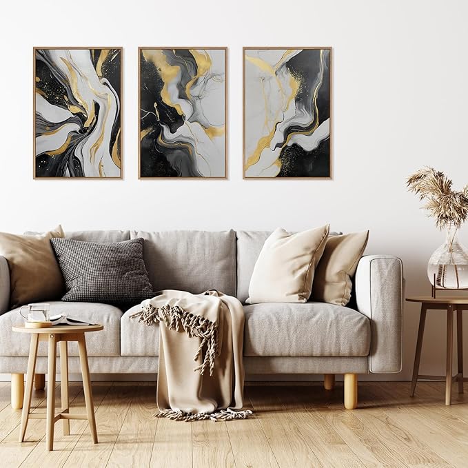 HLNIUC Abstract Gold and Black Framed Canvas Wall Art,Large Neutral Black and White Wall Decor Set of 3(16”x24”)Modern Gold Foil Framed Painting,Textured Marble Fluid Art Print for Living Room,Bedroom-Ruum Studio Home