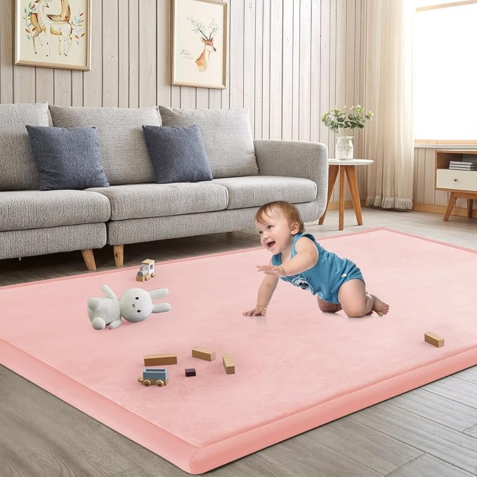 Baby Play Mat for Floor Tummy Time Mat Nursery Rug Muscle Area Rug Playroom Tatami 79"x118" Memory Foam 1.3" Thick Crawling For Babies,Toddlers, Infants, Kids,Floor(Pink)-Ruum Studio Home