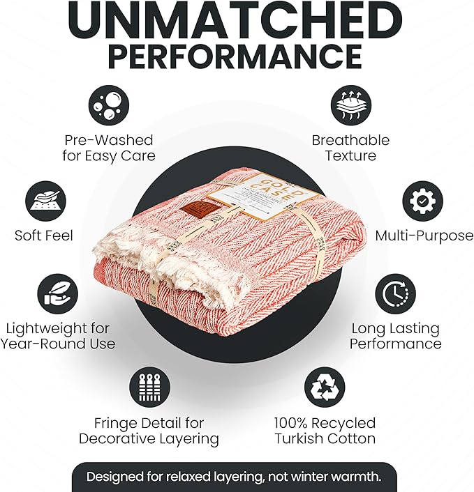 Gold Case Throw Blanket for Couch – 100% Recycled Turkish Cotton Blankets & Throws – Elegant Decorative Throw Blankets for Living Room Sofa – Woven Throws for Couch – Vintage Orange – 50x60-Ruum Studio Home