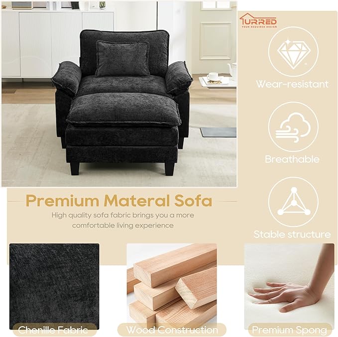 URRED Modular Sectional Sofa Comfy Cloud Couch, Modern Chenille Sofa Sleeper Deep Seat Couches with Ottoman/Pillows for Living Room (Black, 53''- Ottoman)-Ruum Studio Home