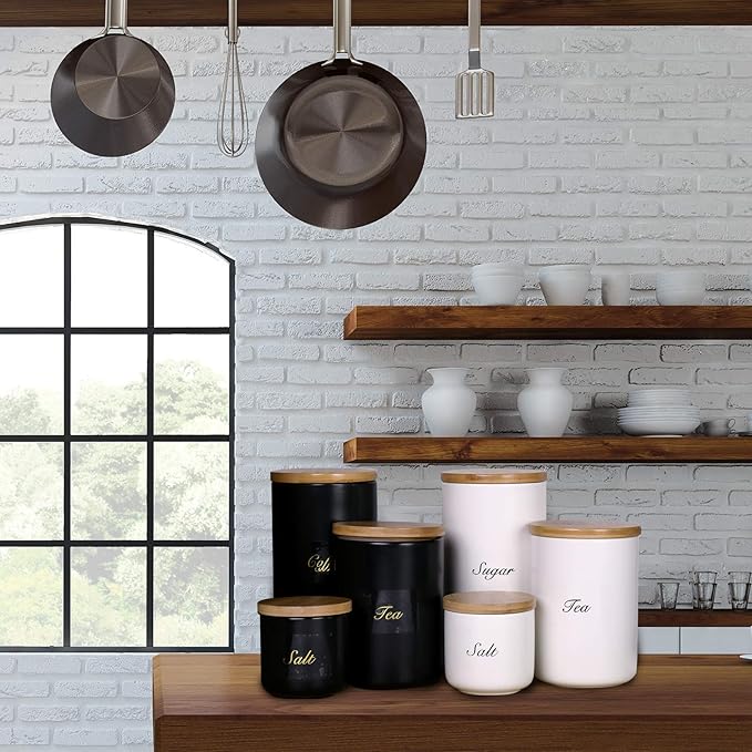 Yangbaga Black Canisters Sets for Kitchen-Set of 3 Coffee Canisters for Countertop with Airtight Wood Lids/Spoons/Stickers, Ceramic Food Storage Containers for Large Suger,Coffee,Tea (42/30/9OZ)-Ruum Studio Home