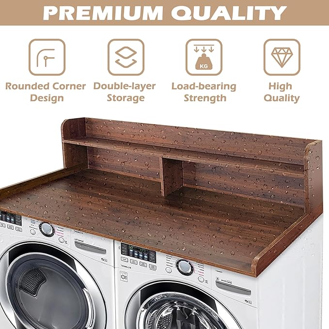 Royxen Laundry Countertop with 2-Tier Shelf Universal Fit, Washer and Dryer Countertop with Storage Space, Shelf Height 11.5 Inches, Walnut Color-Ruum Studio Home