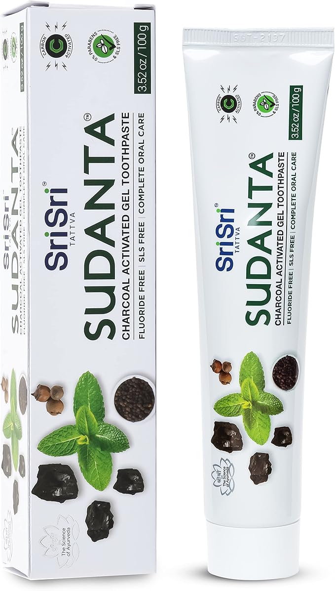 Sri Sri Tattva Sudanta Charcoal Toothpaste Gel – SLS, Fluoride Free Herbal Toothpaste with Neem & Ayurvedic Herbs – Natural Teeth Whitening, Fresh Breath, Oral & Gum Health – 100g Tube (Pack of 1)-Ruum Studio Home
