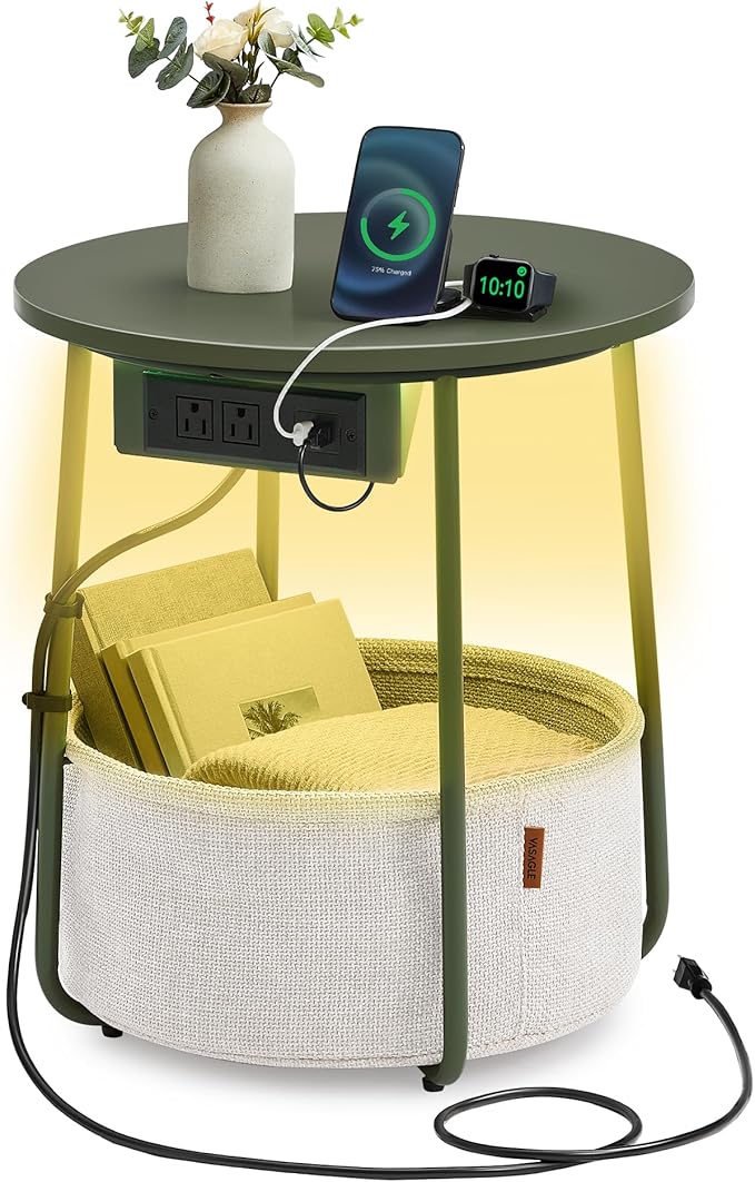 VASAGLE Side Table with Charging Station, Round End Table with Fabric Basket, LED Nightstand with Power Outlets, USB Ports, for Living Room, Bedroom, Modern, Forest Green and Cream White ULET227C01-Ruum Studio Home
