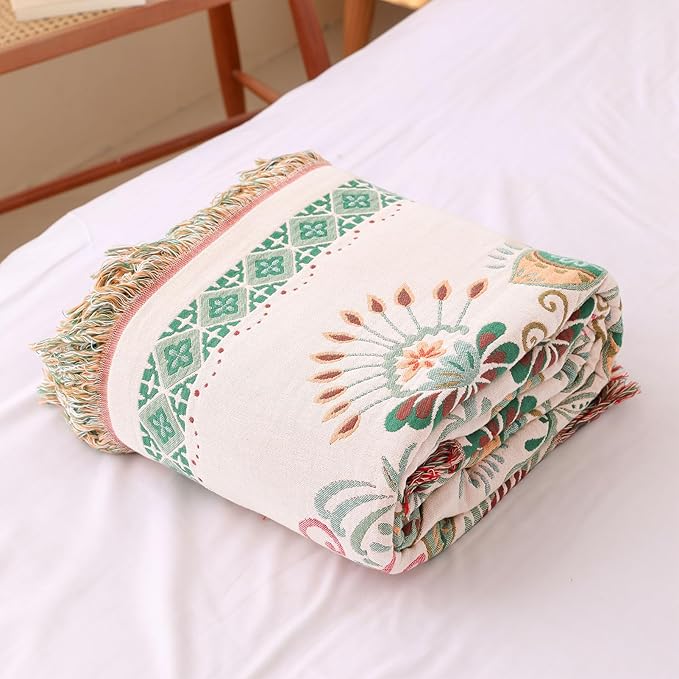 Snycler Cotton Bed Throw with Tassels, Double-Sided Bohemian Spring Flowers Plants Throws for Sofas, 80x90 inch Woven Warm Blanket for Single Sofa, Bedspread and Settee Couch Travel Green-Ruum Studio Home