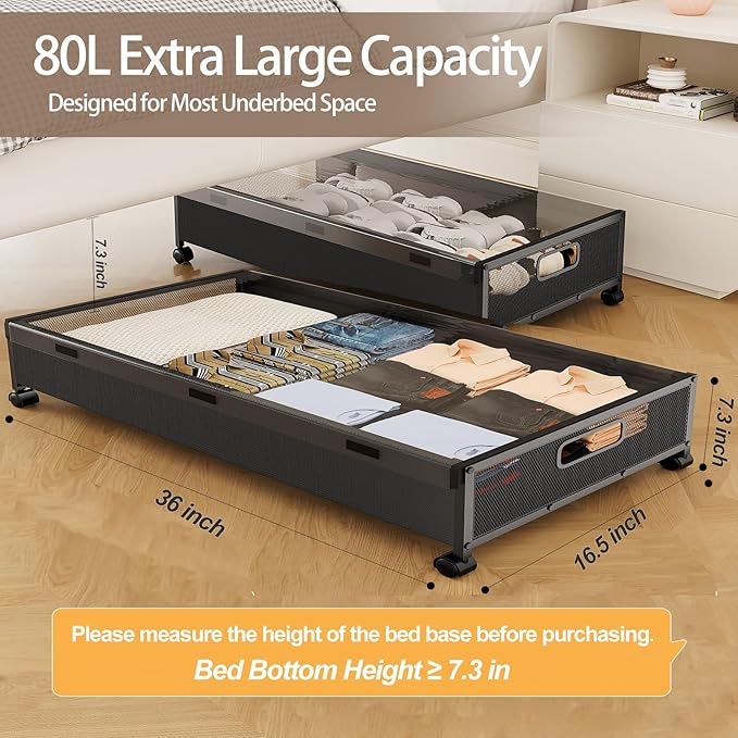 Under Bed Storage Containers with Wheels, 80L Extra-large Underbed Shoe Storage Organizer 2 Pack with Removable Lids, Large Rolling Under Bed Storage Dresser Drawers for Clothes Shoes Blankets-Ruum Studio Home