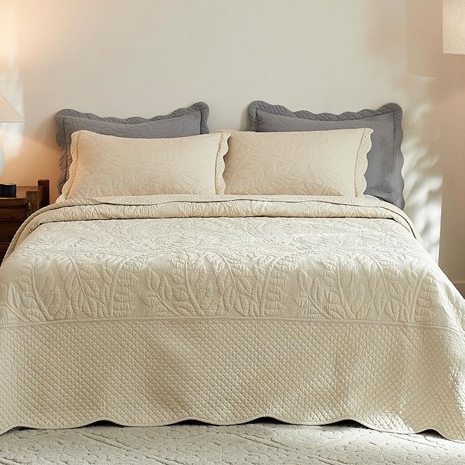 MarCielo 3-Piece 100% Cotton Oversized Bedspread Lightweight Quilt Coverlet Embroidery Farmhouse Bedding Set T0 (Yellowish Beige, Oversized King (118"x106"))-Ruum Studio Home