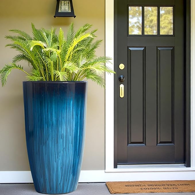Worth Garden 20" H. Large Plastic Planters - Set of 2 Gradient Blue Glossy Smooth Finish - Tall Plant Pots for Indoor & Outdoor Use - Decorative Lightweight Flower Pots for Front Porch, Patio, Deck-Ruum Studio Home
