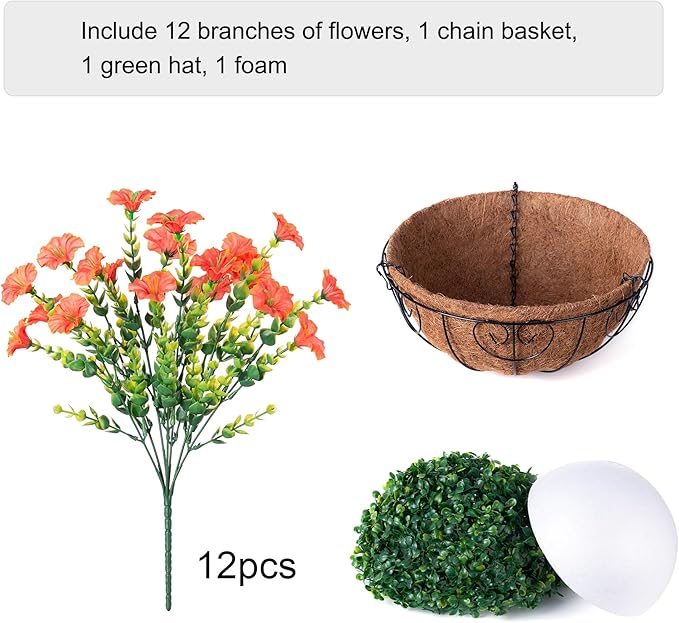 Artificial Fall Flowers Fake Hanging Plants Flowers Basket for Outdoors Autumn Decoration, Orange Silk Morning Glory with Eucalyptus Look Real UV Resistant Faux Flowers for Outside Porch Patio Balcony-Ruum Studio Home