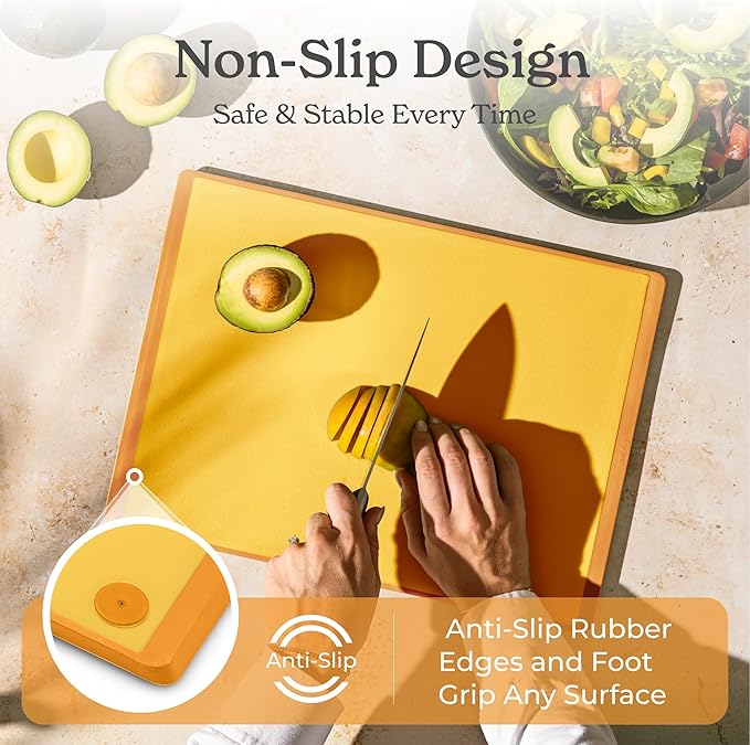SMIRLY Plastic Cutting Board Set with Holder 3 Pieces, Non-Slip Dishwasher Safe Chopping Boards for Kitchen, Yellow-Ruum Studio Home