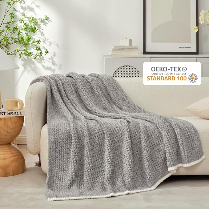 Snuggle Sac Soft Waffle Blanket, Grey Bedding Blankets Queen Size 90x90 inches, Reversible Microfiber Fluffy Fuzzy Grey Blanket Cozy Knit Blanket for Women Mothers Birthday Gifts-Ruum Studio Home