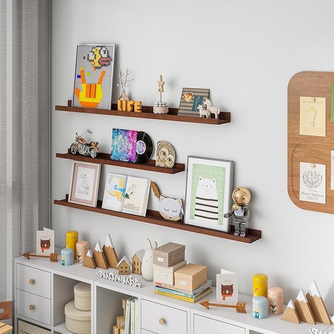 Solid Ash Wood Picture Ledge Shelf, Floating Shelves Set of 2, 56 Inch Long Large Ledge Shelves, Nursery Book Shelves Wall Mounted for Living Room Bedroom Kitchen Decor Kids Bookshelf, Walnut-Ruum Studio Home