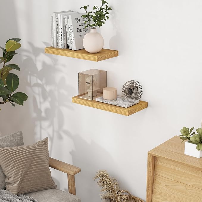 Fun Memories 16 Floating Shelves for Wall, 9 Inch Deep Floating Shelf for Bathroom, Rustic 16 x 9 Floating Shelf for Kitchen, Bedroom, Wide Wooden Shelves Wall Mounted, Oak Color, Set of 2-Ruum Studio Home