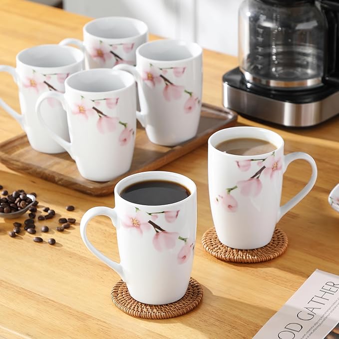 VEWEET Large Coffee Mugs Set of 6, 16 OZ Coffee Cups Set with Handle, Floral Mug Sets Ceramic Cup Set for Kitchen, Microwave& Dishwasher Safe, Series ANNIE-Ruum Studio Home