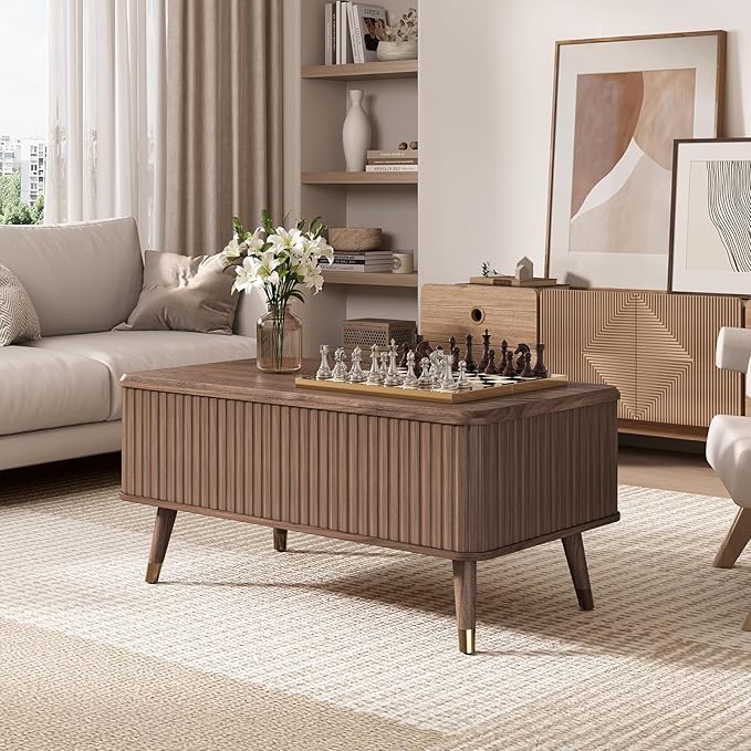 Lift Top Coffee Table with Storage,Mid Century Modern Coffee Table,Fluted Wood Rectangle Center Table for Living Room,Home Office,Walnut-Ruum Studio Home