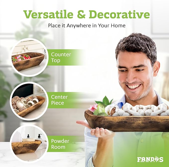 Wooden Dough Bowl for Decor - 17¾ in Long Hand Carved Paulownia, Large Rustic Decorative Bowl for Home Table Centerpiece, Keys, Entryway Table, Catchall Tray & Wooden Dining Room Centerpiece-Ruum Studio Home