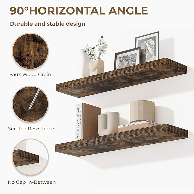 Dreamland 40 Inches Floating Shelves for Wall, 9.3" Deep Long Floating Shelves Set of 2, Large Display & Storage Shelf, Wall Shelf for Bathroom Bedroom Living Room Kitchen Office, Rustic Brown-Ruum Studio Home