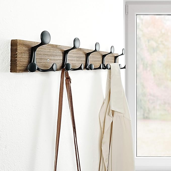 SKOLOO 24-Inch Wood Burnt Coat Rack Wall Mount with 5 Triple Hooks - Ideal for Family Entrances, Classrooms, and Pet Supplies Storage - Perfect Coat Hooks for Wall, Pack of 2-Ruum Studio Home