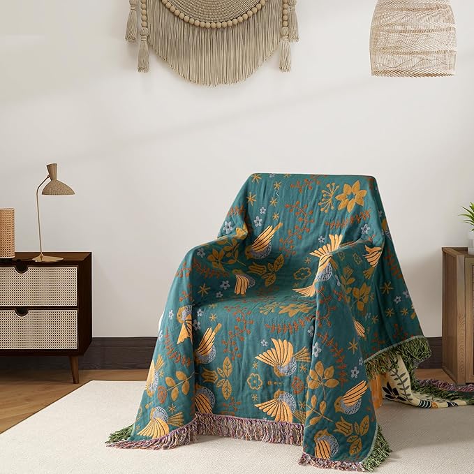 Boho Throw Blanket Queen Size, Oversized Soft Cozy Cotton Muslin Quilt Blanket for Bed Decor, Bird Patterned Couch Sofa Chair Cover, Vintage Farmhouse Cottage Woven Blanket, Green&Beige-Ruum Studio Home