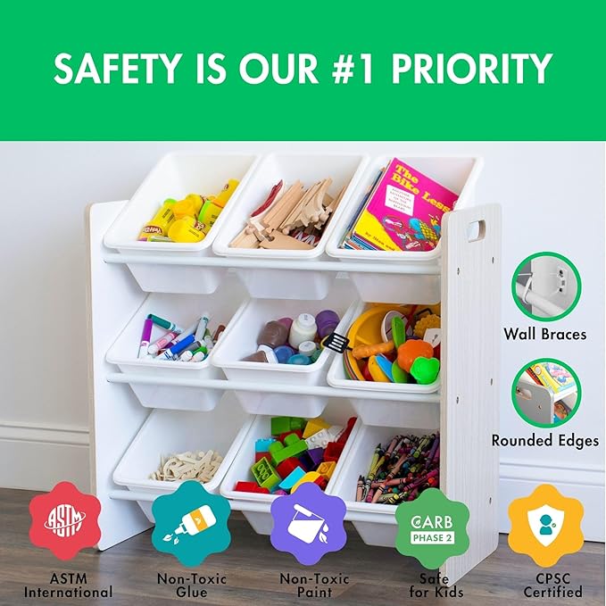 Humble Crew 9-Bin Toy Organizer – Hampton Sandwashed with White Plastic Bins, 3-Tier Storage Solution for Kids' Playrooms and Nurseries-Ruum Studio Home