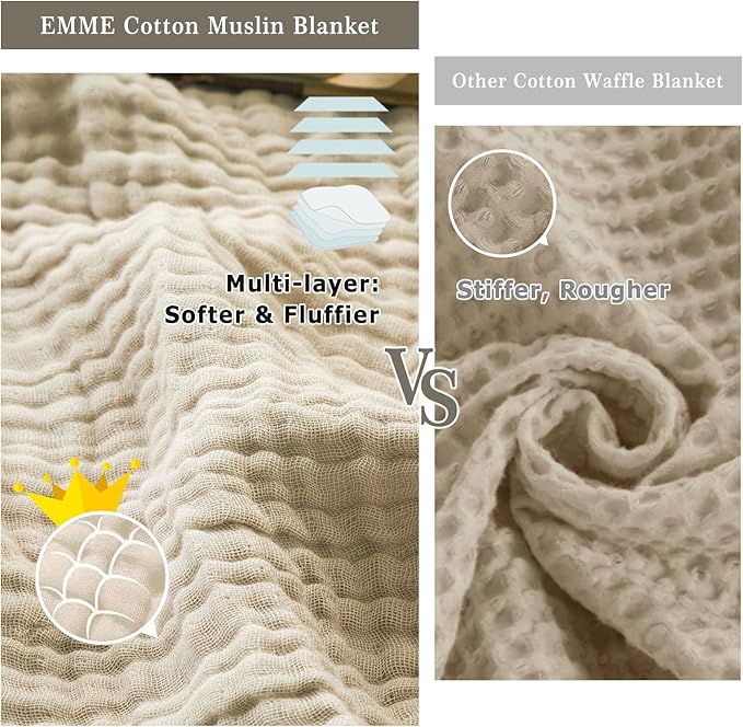 EMME Cotton Throw Blanket Large 50"x70" Gifts for Women 100% Muslin for Couch Breathable Gauze All Season Soft and Lightweight Pre-Washed (Light Tan)-Ruum Studio Home